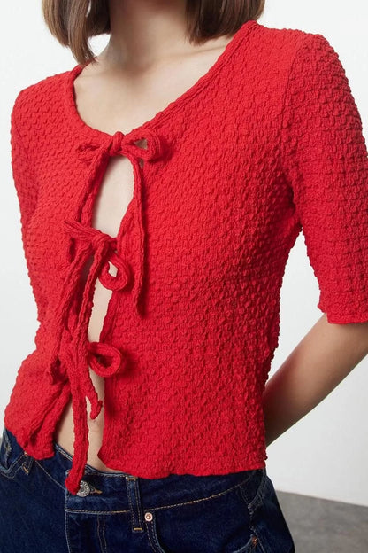 Style Women's Textured Fitted Body-Sit Tie Detailed Flexible Blouse Crop Knitted Slim Pattern