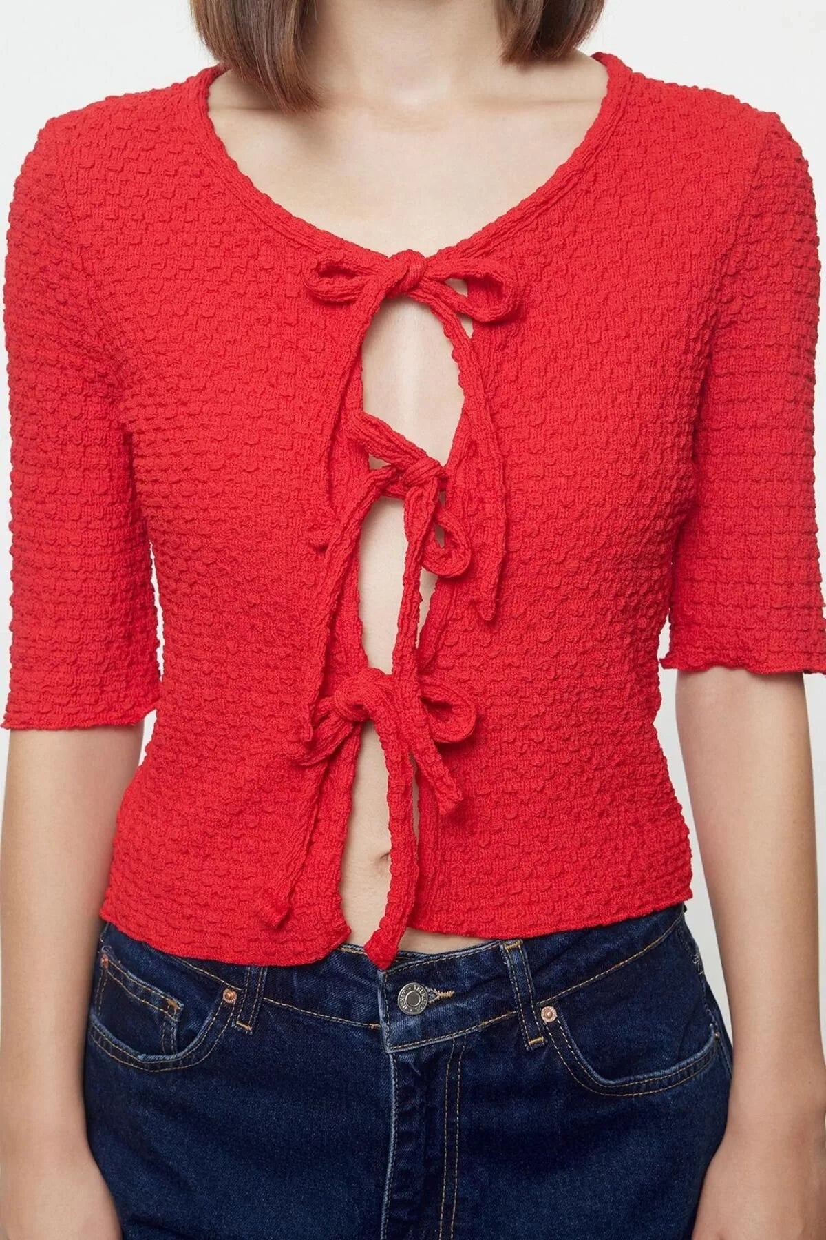 Style Women's Textured Fitted Body-Sit Tie Detailed Flexible Blouse Crop Knitted Slim Pattern