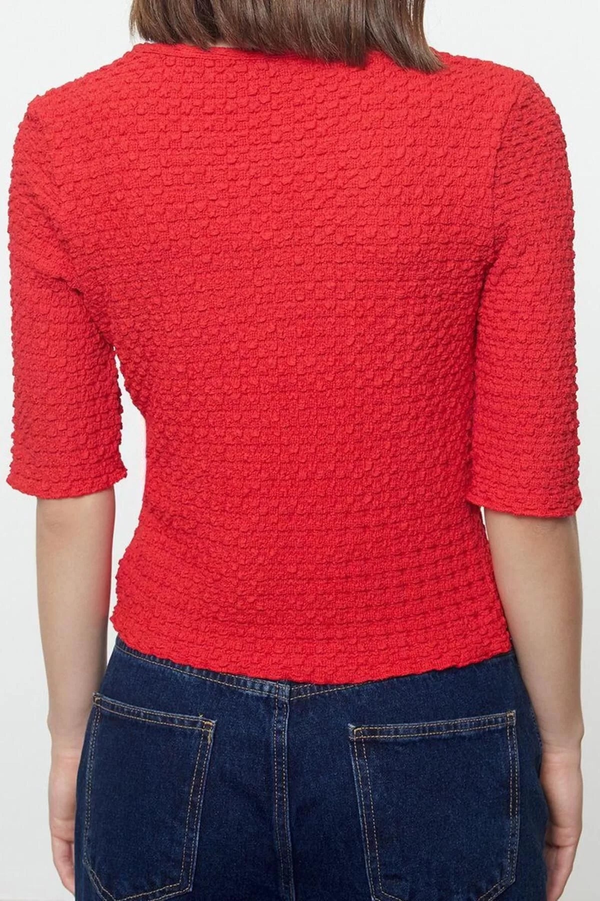 Style Women's Textured Fitted Body-Sit Tie Detailed Flexible Blouse Crop Knitted Slim Pattern