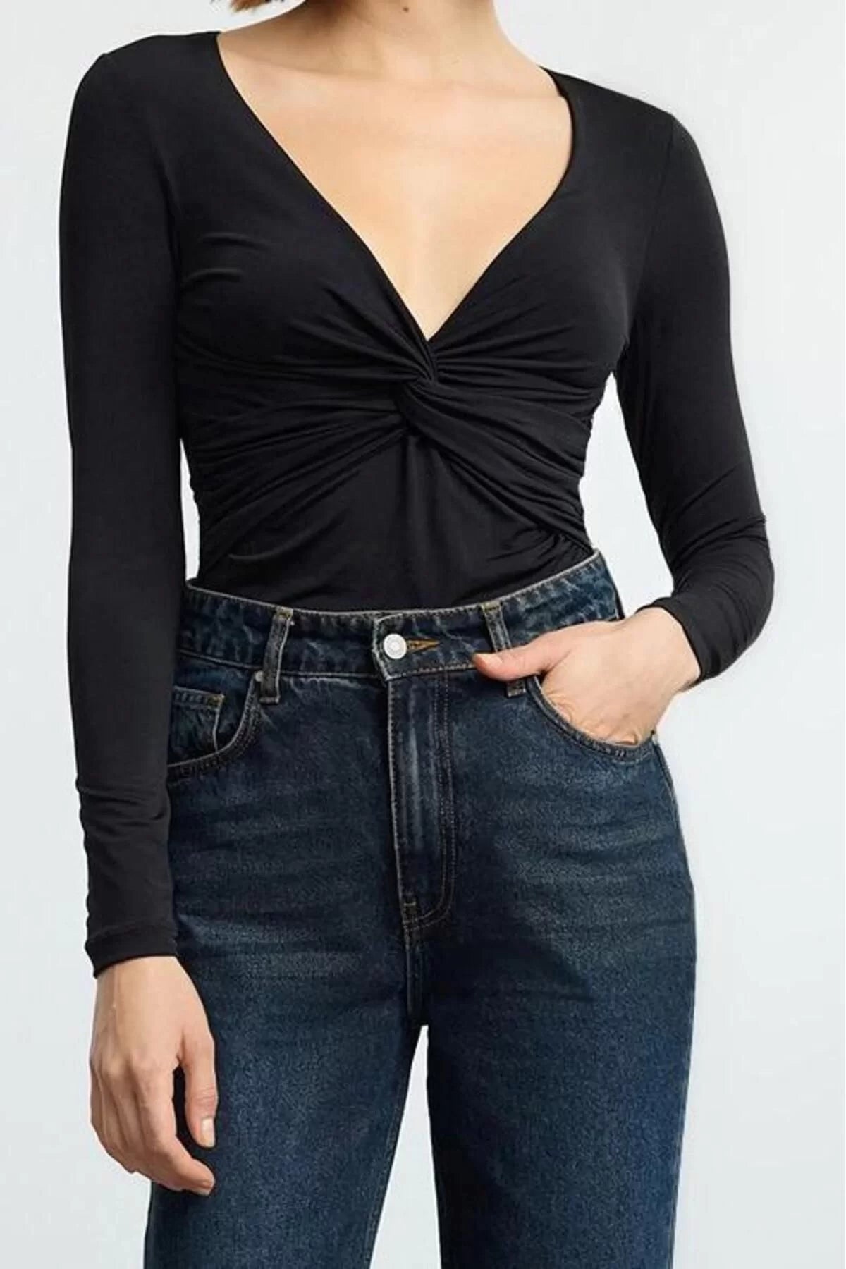 Style Women's Gathered Drape Detailed Fitted Body-Sleeved Flexible Blouse Crop Knitted Slim Pattern