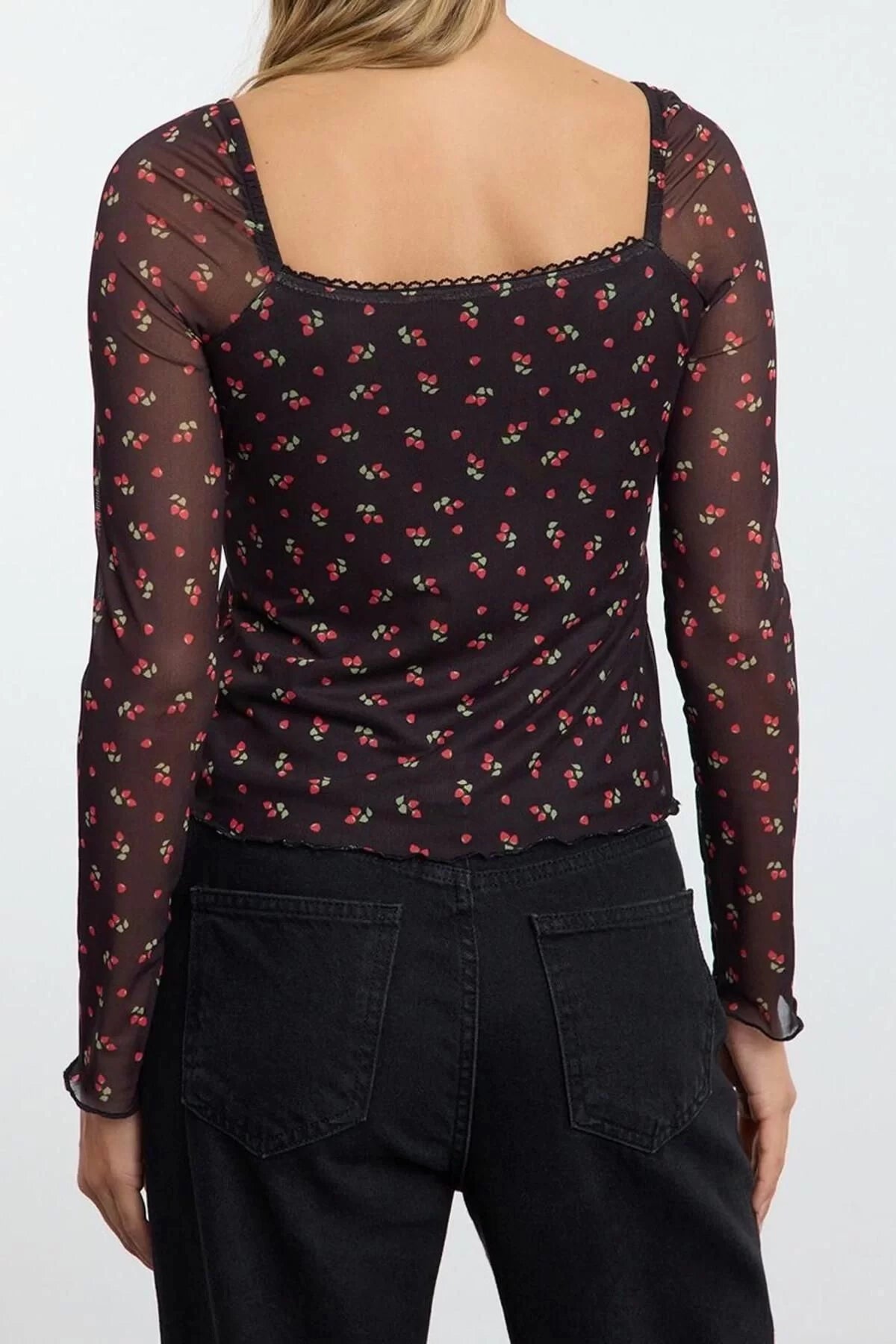 Style Women Cherry Printed and Bow Detailed Blouse Regular Knitted Slim Pattern