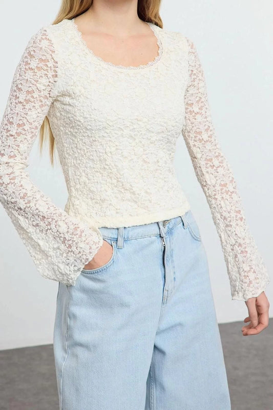 Style Women Lace Fitted Body-Smoothing Flexible Blouse Crop Knitted Slim Pattern