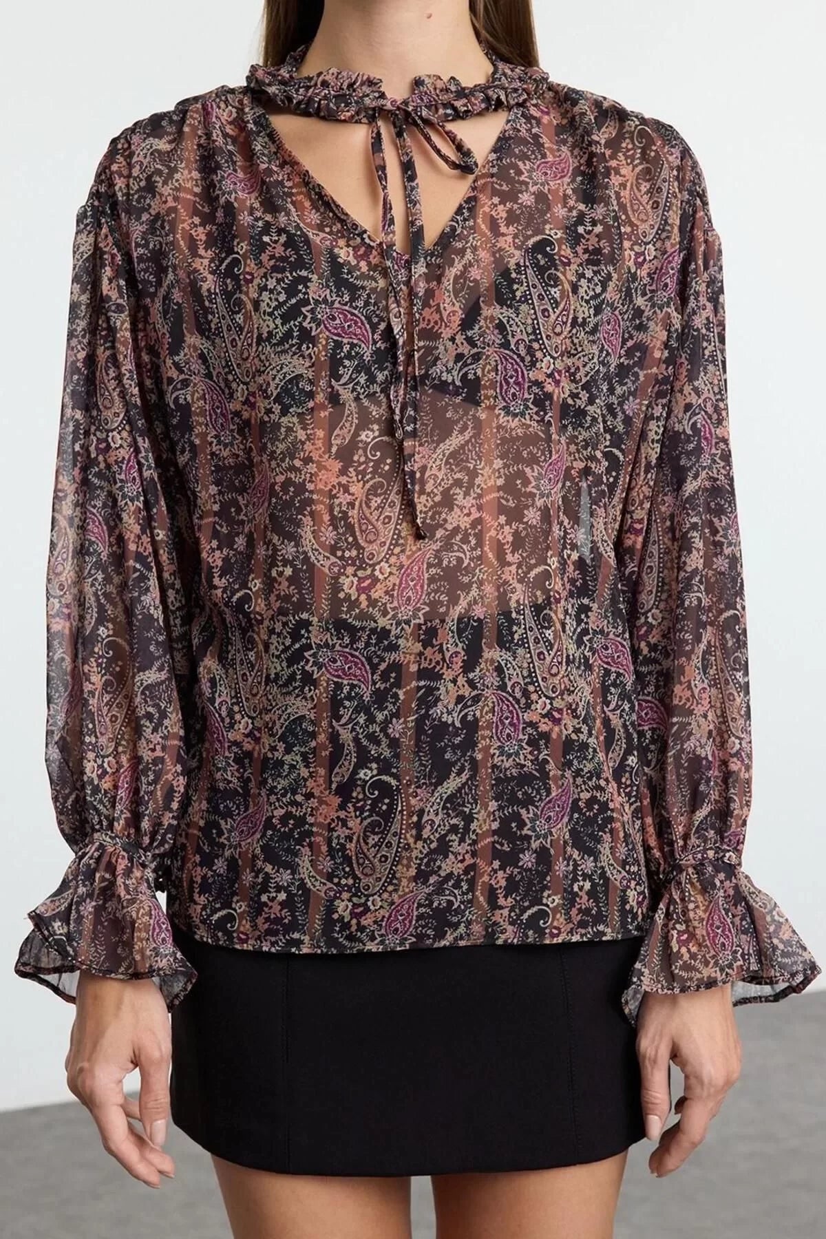 Style Women Chiffon Floral Boho Transparent Blouse Regular Woven Regular Pattern