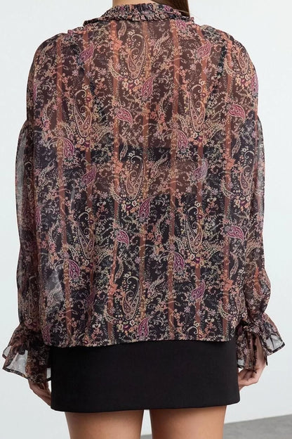 Style Women Chiffon Floral Boho Transparent Blouse Regular Woven Regular Pattern