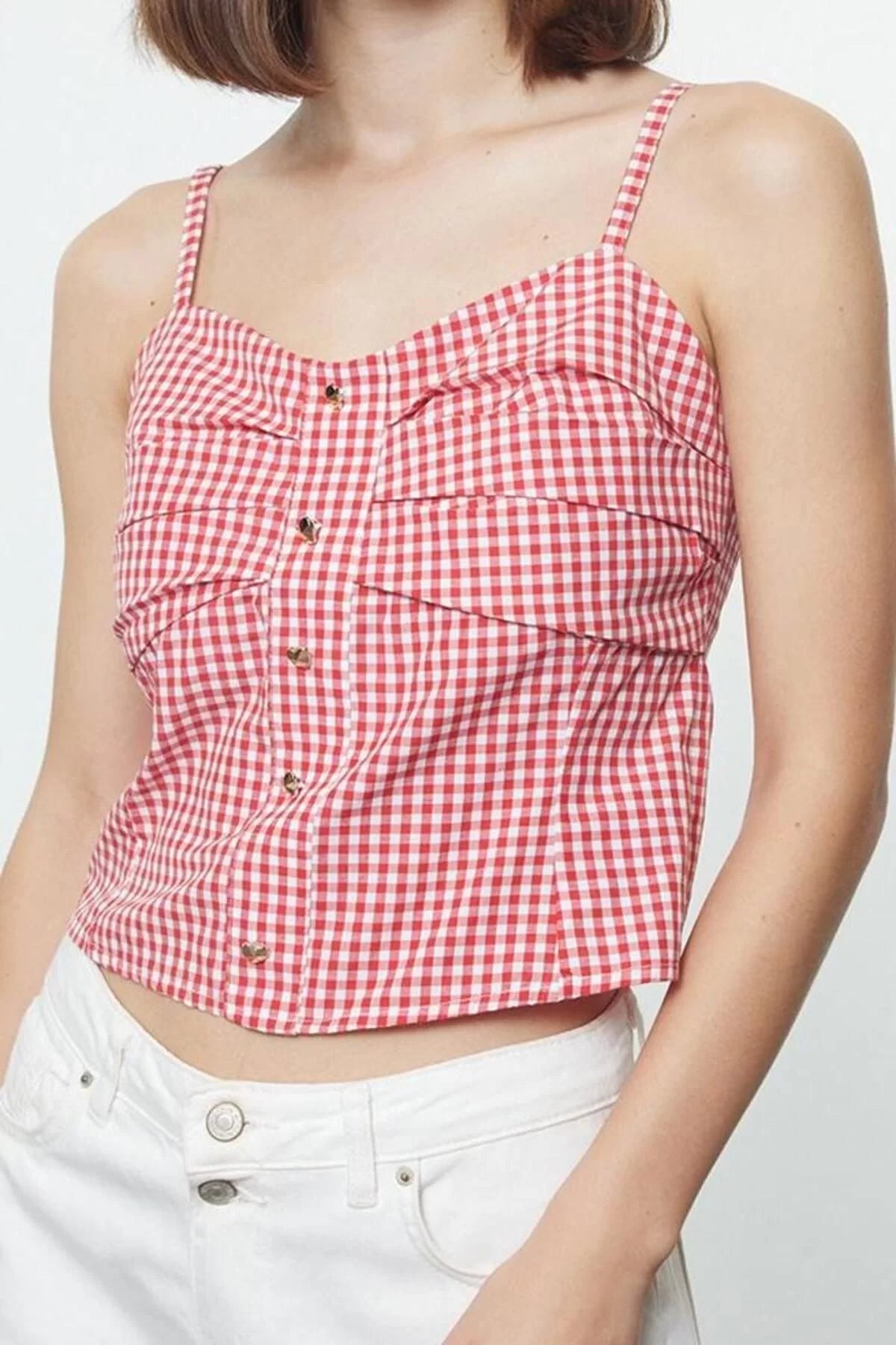 Style Women's Strappy Gingham Blouse Regular Woven Slim Fit Pattern Thin Straps