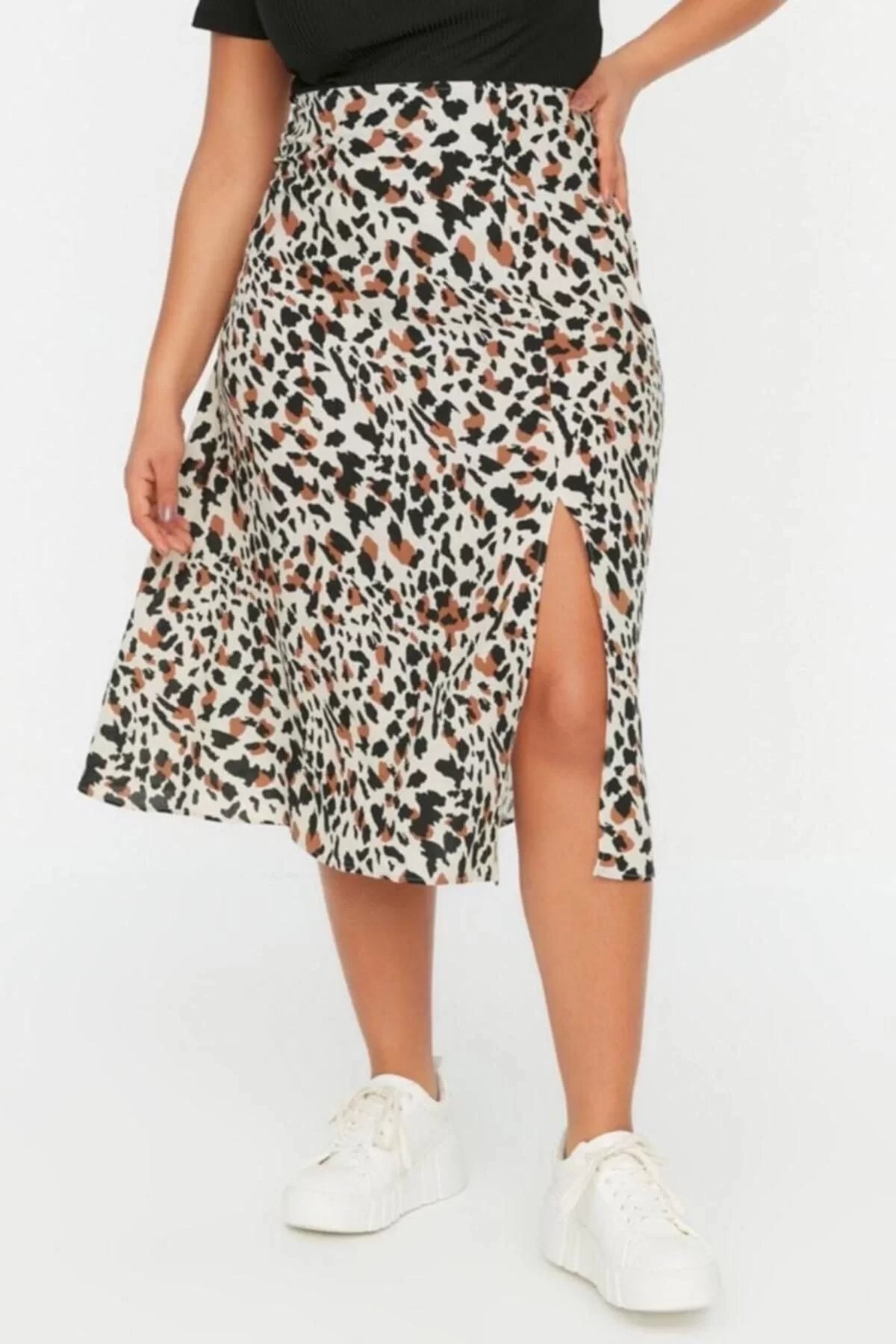 Fashion Plus Size Regular Animal Pattern Casual Midi Length Slit Woven Viscose Skirt