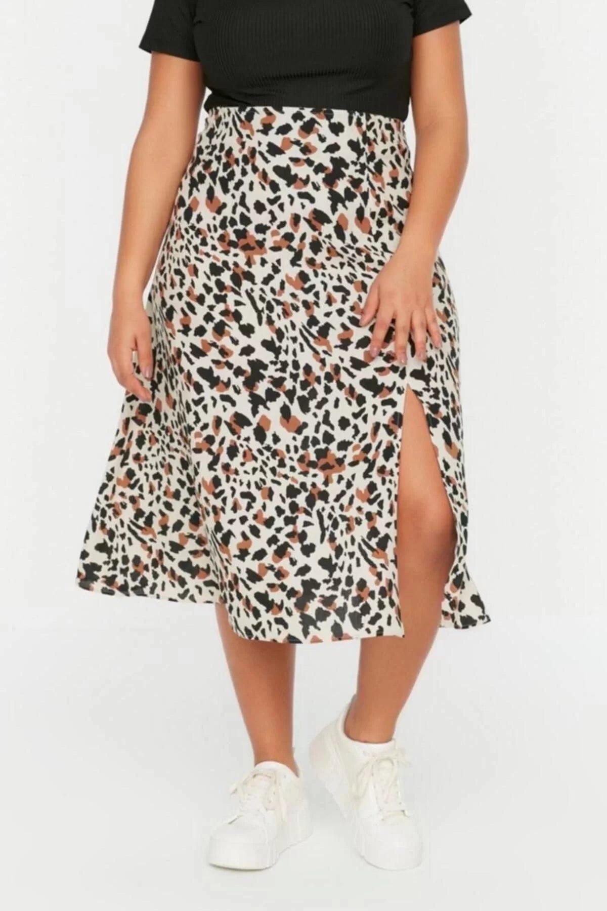 Fashion Plus Size Regular Animal Pattern Casual Midi Length Slit Woven Viscose Skirt