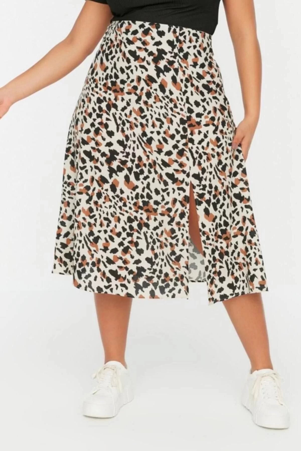 Fashion Plus Size Regular Animal Pattern Casual Midi Length Slit Woven Viscose Skirt