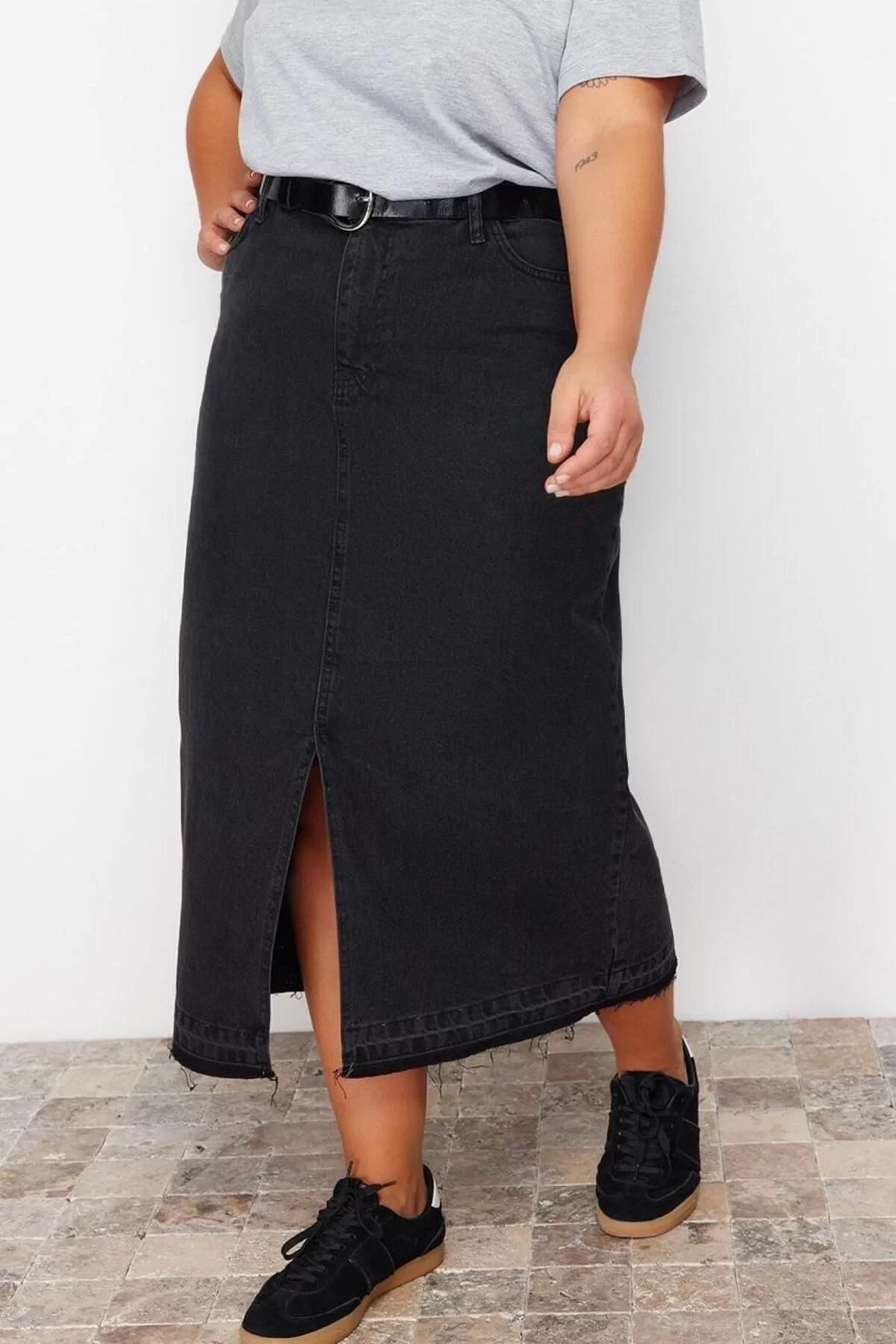 Fashion Plus Size Regular Plain Pattern Casual Midi Length Denim Plus Size Skirt