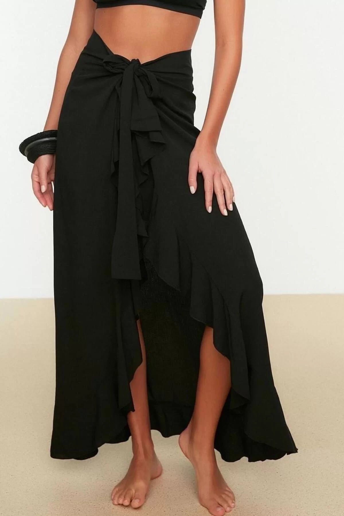 Fashion Double Breasted Plain Pattern Beach Midi Length Maxi Woven Flounce Skirt