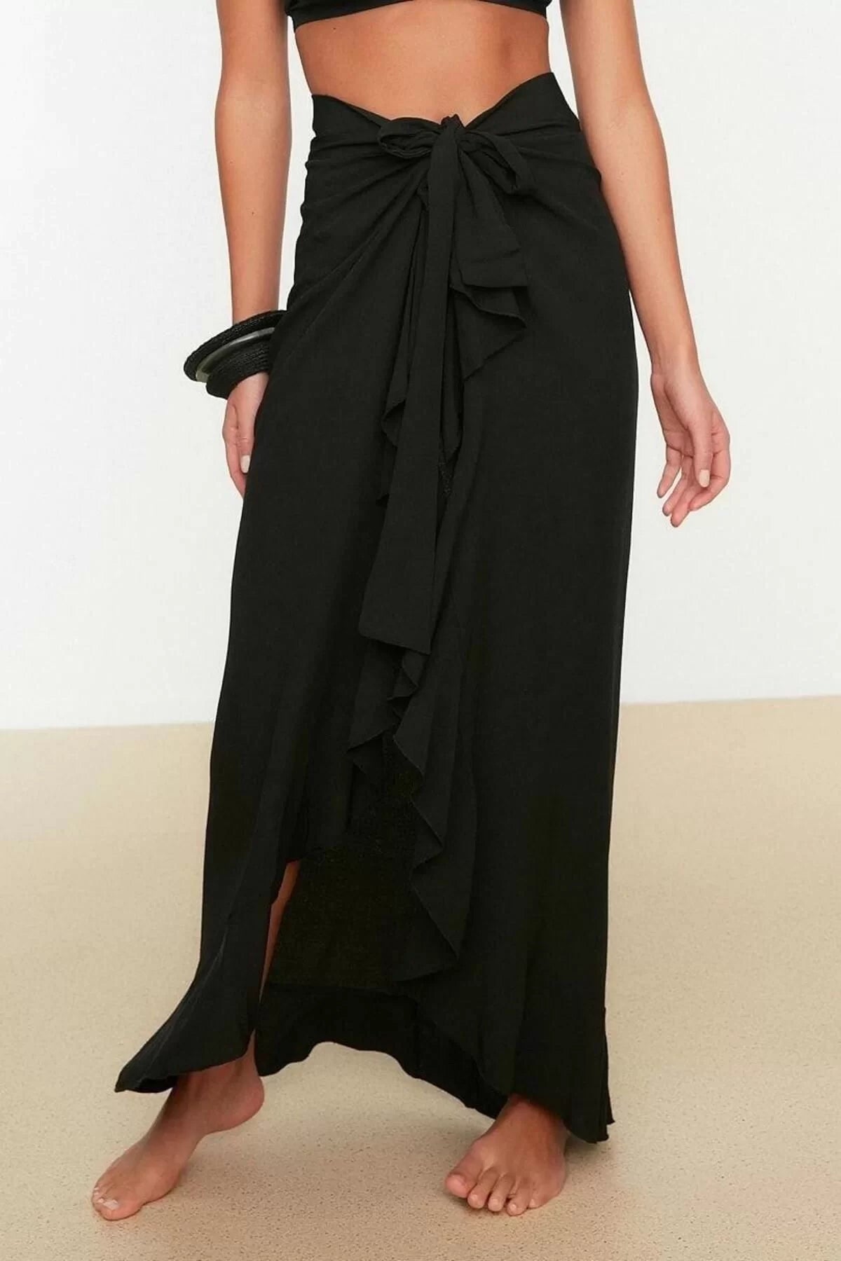 Fashion Double Breasted Plain Pattern Beach Midi Length Maxi Woven Flounce Skirt