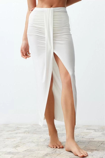 Fashion Regular Plain Pattern Beach Maxi Length Body-Fitting Maxi Woven Slit Skirt