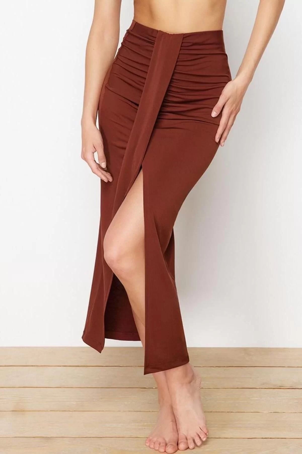 Fashion Regular Plain Pattern Beach Maxi Length Body-Fitting Maxi Woven Slit Skirt