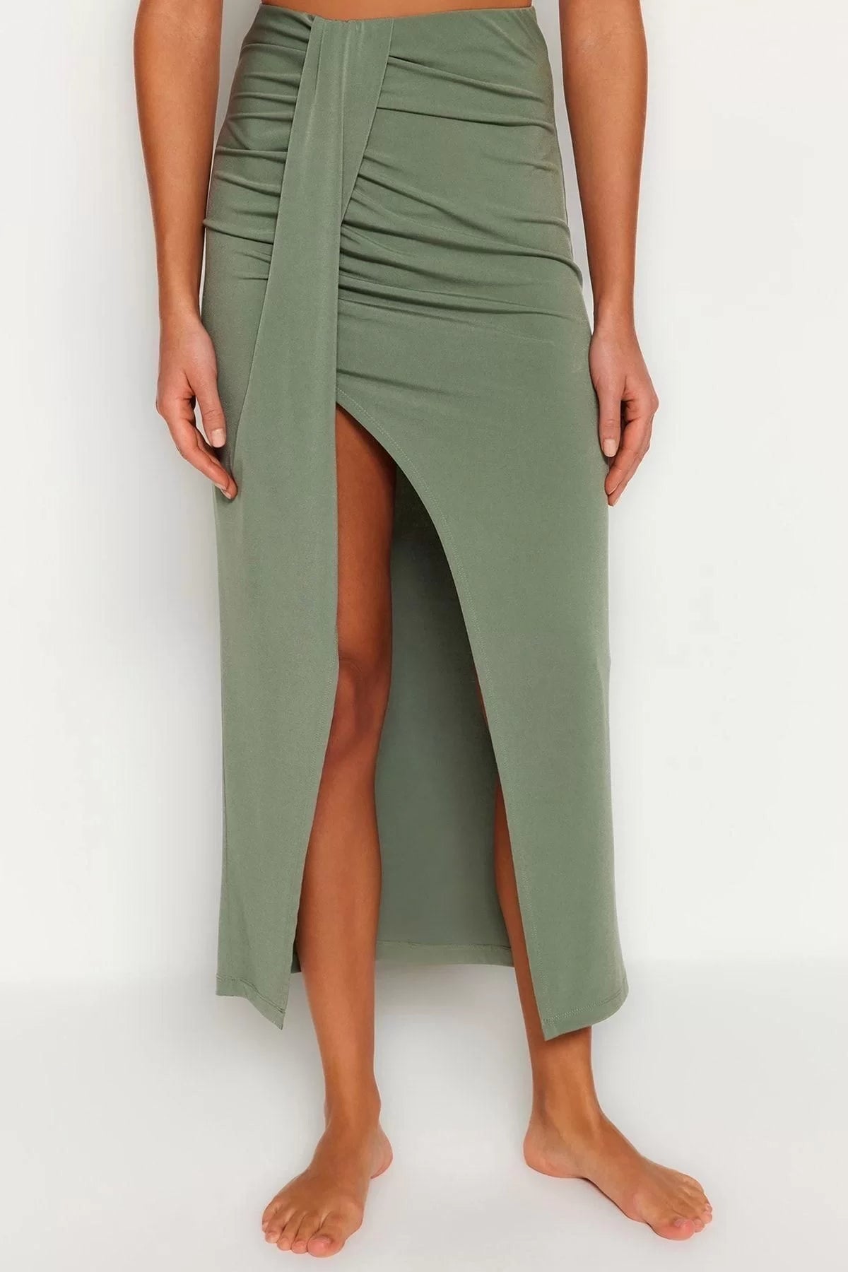 Fashion Regular Plain Pattern Beach Maxi Length Body-Fitting Maxi Woven Slit Skirt