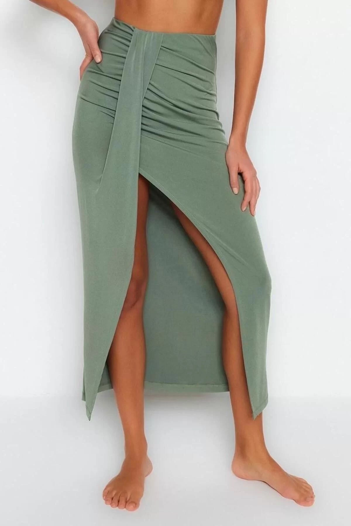 Fashion Regular Plain Pattern Beach Maxi Length Body-Fitting Maxi Woven Slit Skirt