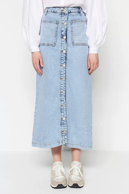 Fashion High Waist Plain Pattern Casual Maxi Length Dark Indigo Double Pocket High Waist Denim Jeans Skirt