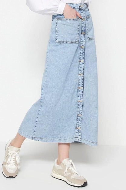 Fashion High Waist Plain Pattern Casual Maxi Length Dark Indigo Double Pocket High Waist Denim Jeans Skirt