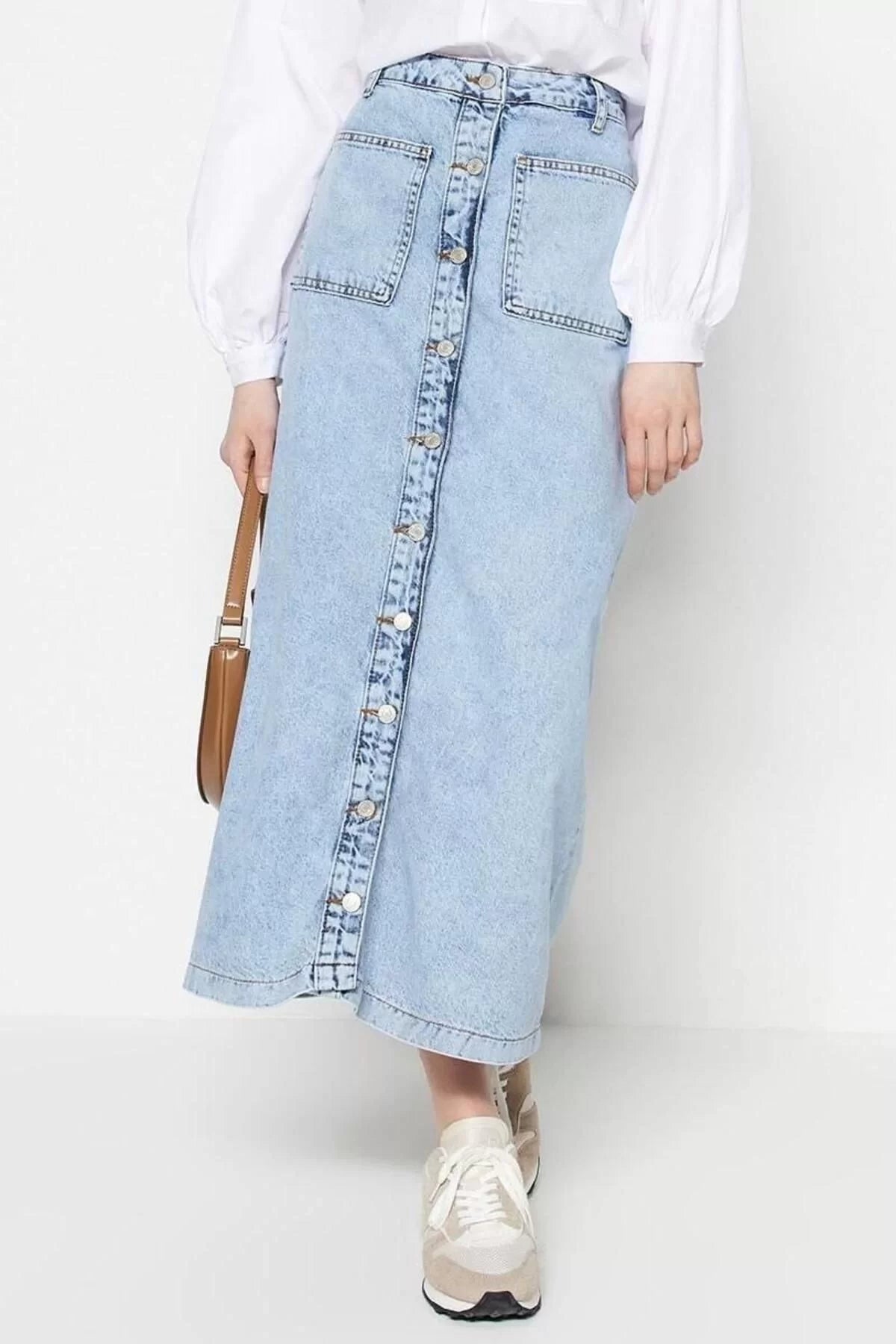 Fashion High Waist Plain Pattern Casual Maxi Length Dark Indigo Double Pocket High Waist Denim Jeans Skirt