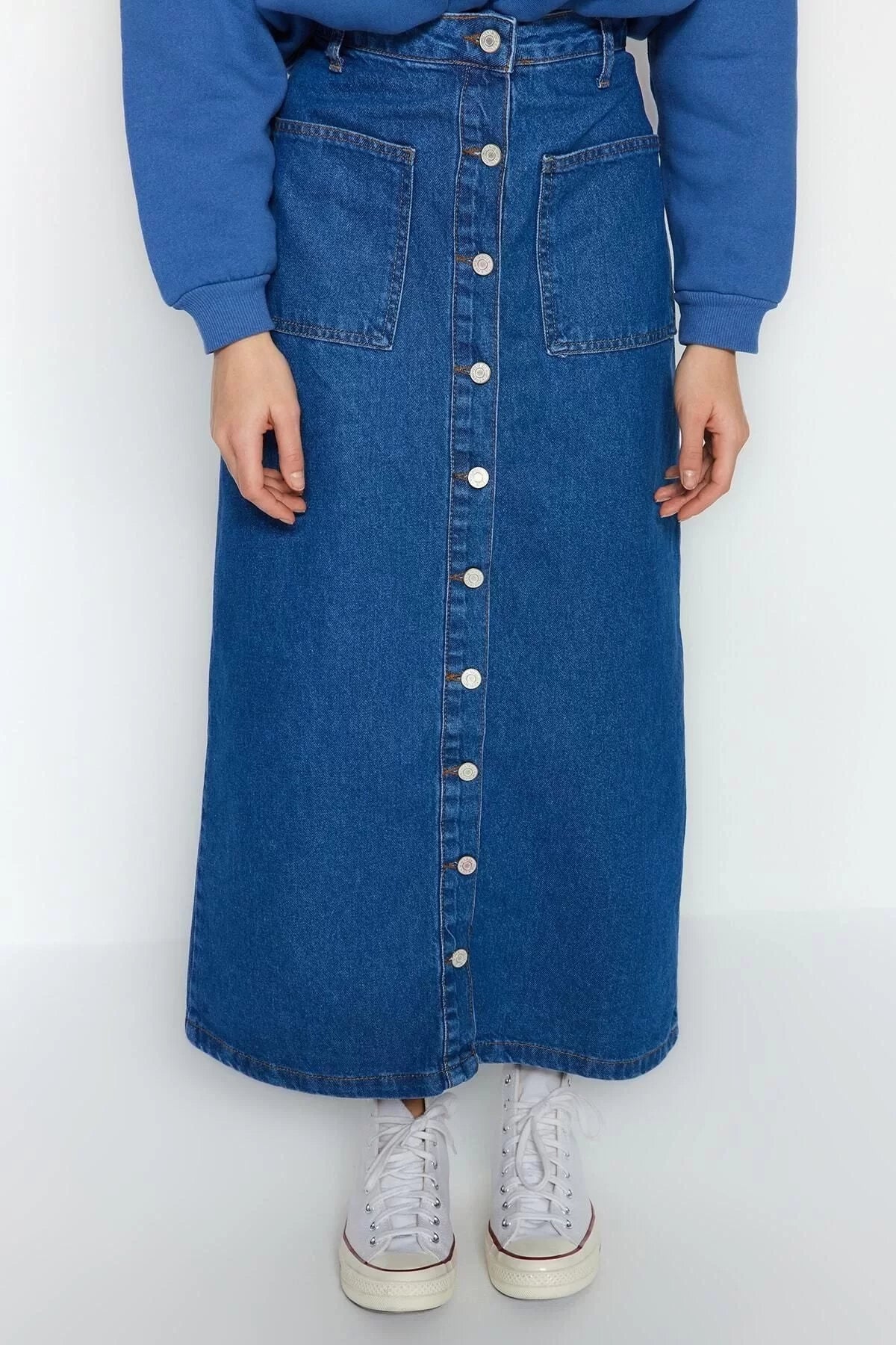 Fashion High Waist Plain Pattern Casual Maxi Length Dark Indigo Double Pocket High Waist Denim Jeans Skirt