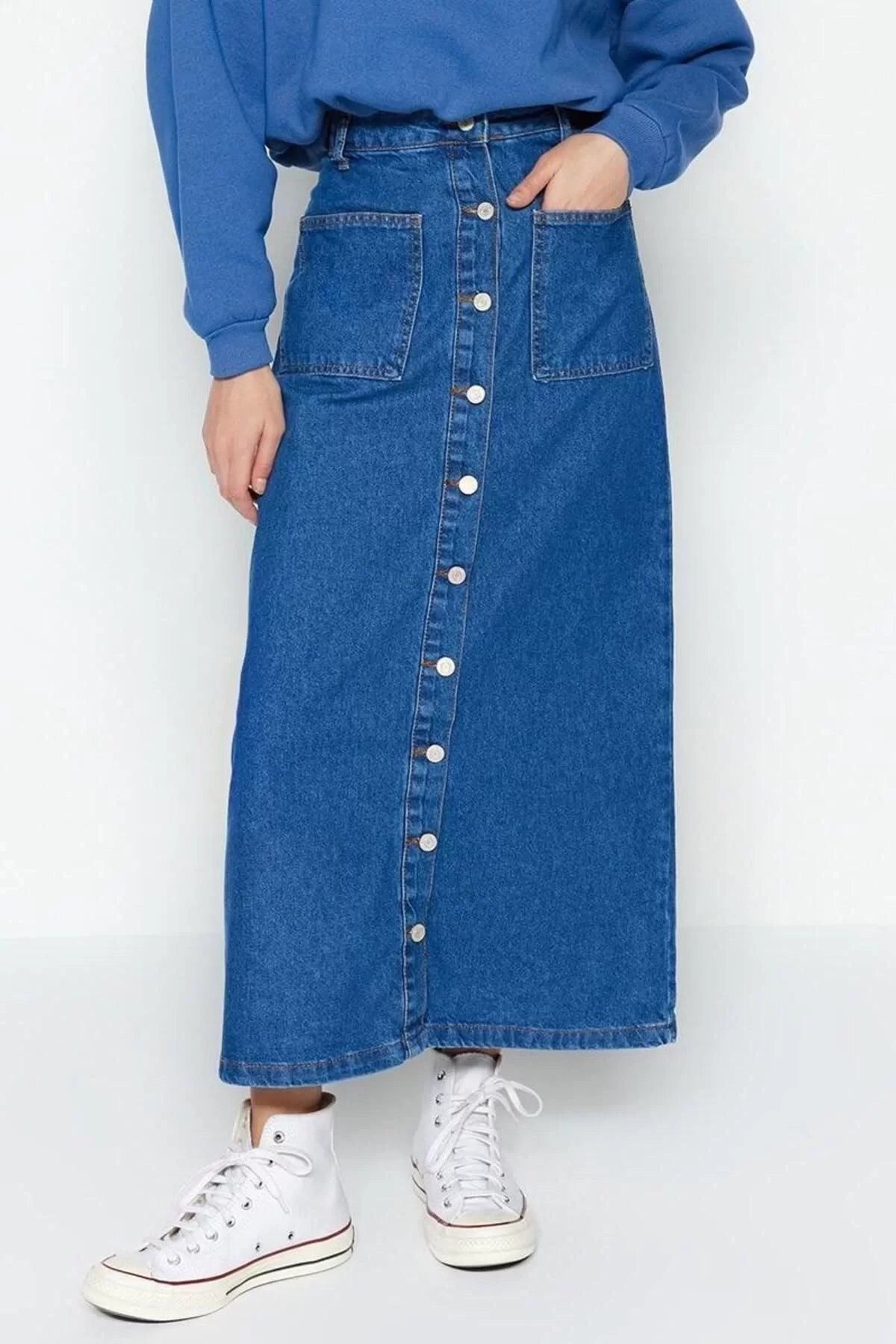 Fashion High Waist Plain Pattern Casual Maxi Length Dark Indigo Double Pocket High Waist Denim Jeans Skirt