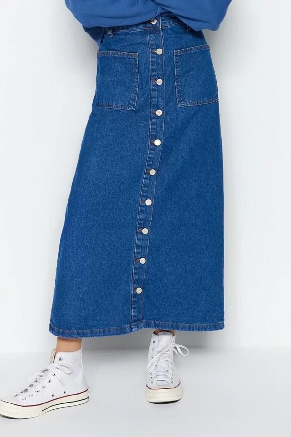 Fashion High Waist Plain Pattern Casual Maxi Length Dark Indigo Double Pocket High Waist Denim Jeans Skirt