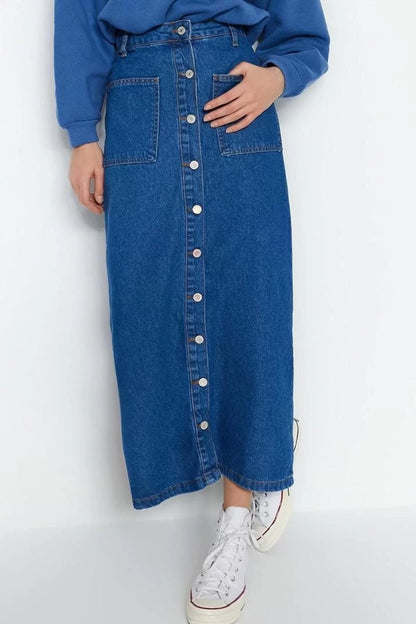 Fashion High Waist Plain Pattern Casual Maxi Length Dark Indigo Double Pocket High Waist Denim Jeans Skirt