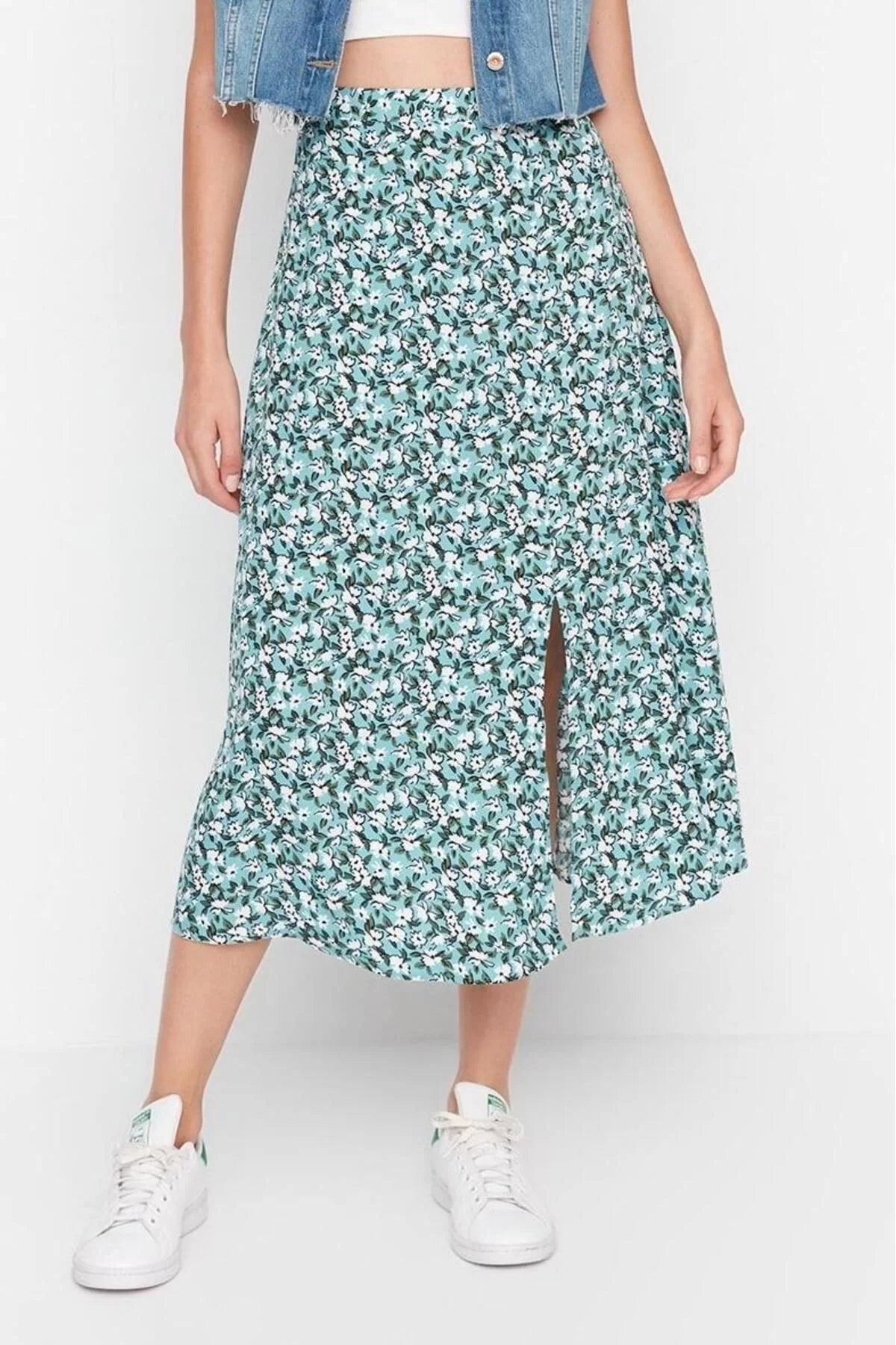 Fashion A-line Floral Pattern Casual Midi Length Slit Detail Viscose Fabric Midi Woven Skirt