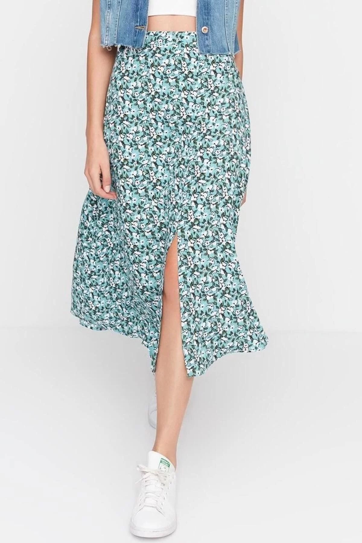 Fashion A-line Floral Pattern Casual Midi Length Slit Detail Viscose Fabric Midi Woven Skirt