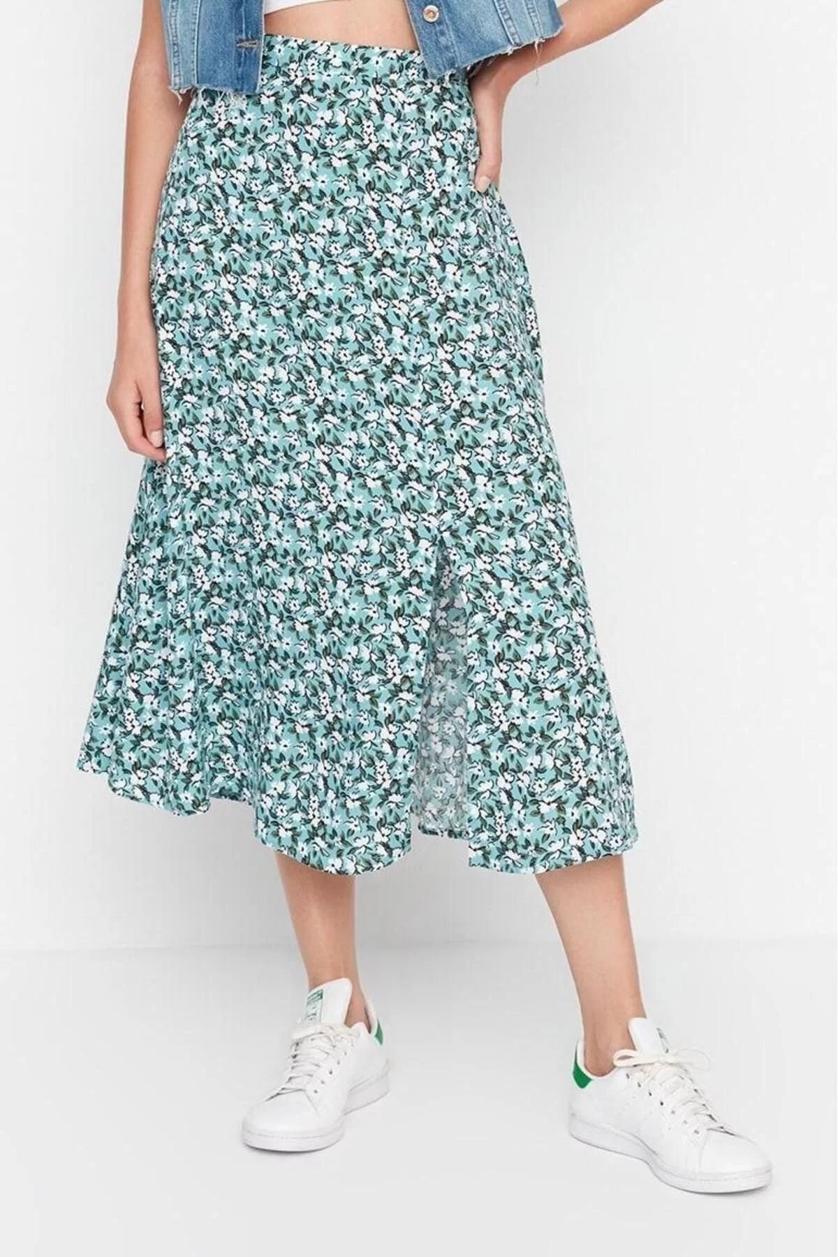 Fashion A-line Floral Pattern Casual Midi Length Slit Detail Viscose Fabric Midi Woven Skirt