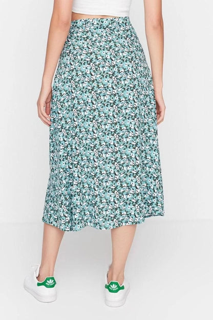 Fashion A-line Floral Pattern Casual Midi Length Slit Detail Viscose Fabric Midi Woven Skirt