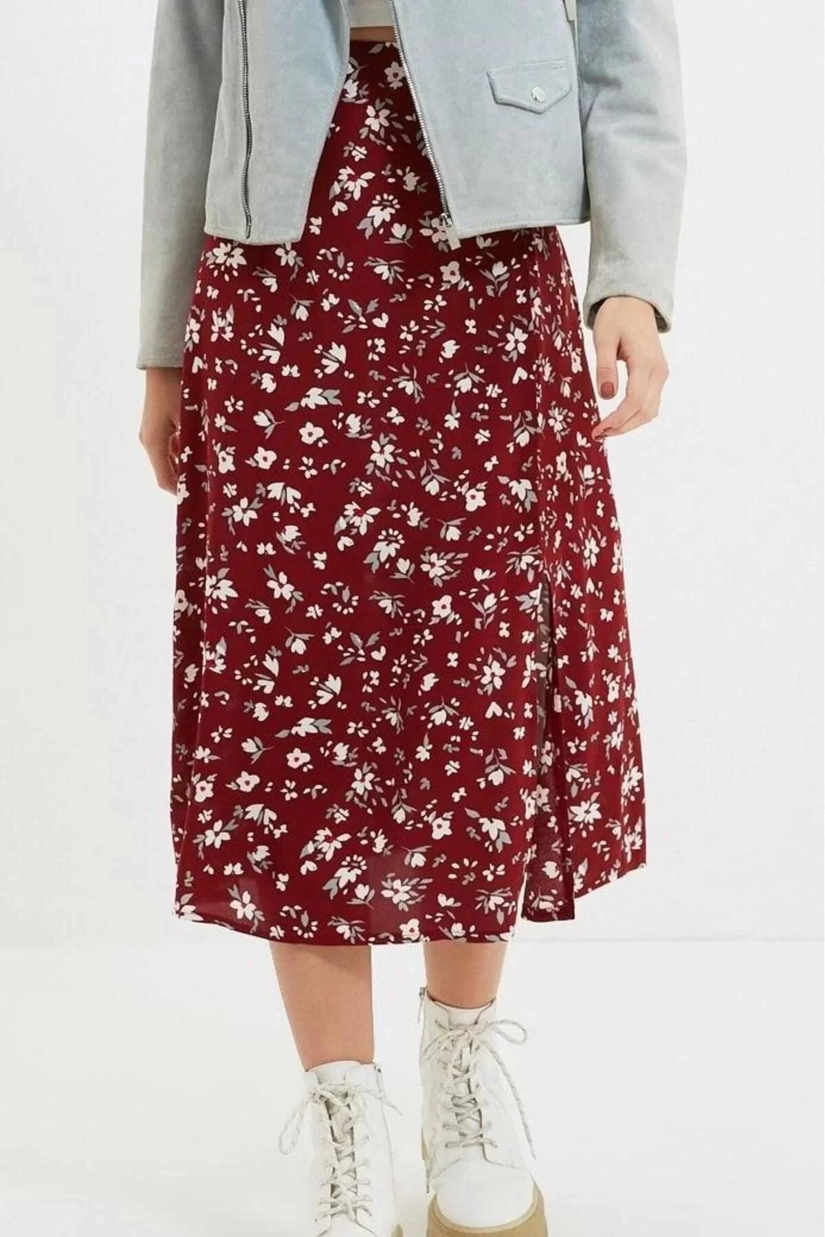 Fashion A-line Floral Pattern Casual Midi Length Slit Detail Viscose Fabric Midi Woven Skirt