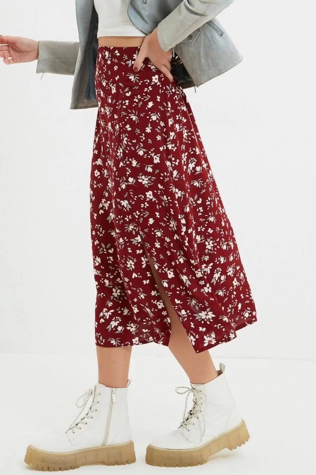 Fashion A-line Floral Pattern Casual Midi Length Slit Detail Viscose Fabric Midi Woven Skirt