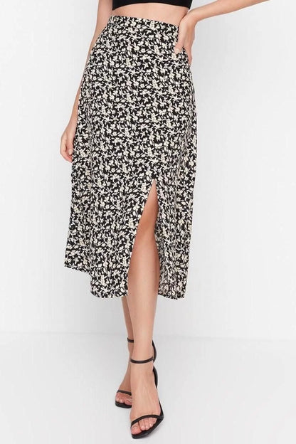 Fashion A-line Floral Pattern Casual Midi Length Slit Detail Viscose Fabric Midi Woven Skirt