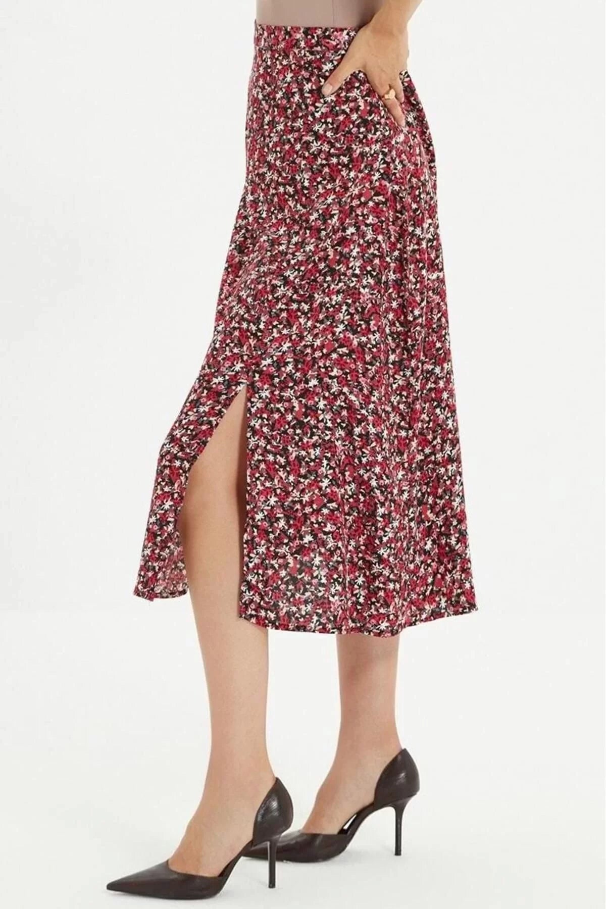 Fashion A-line Floral Pattern Casual Midi Length Slit Detail Viscose Fabric Midi Woven Skirt