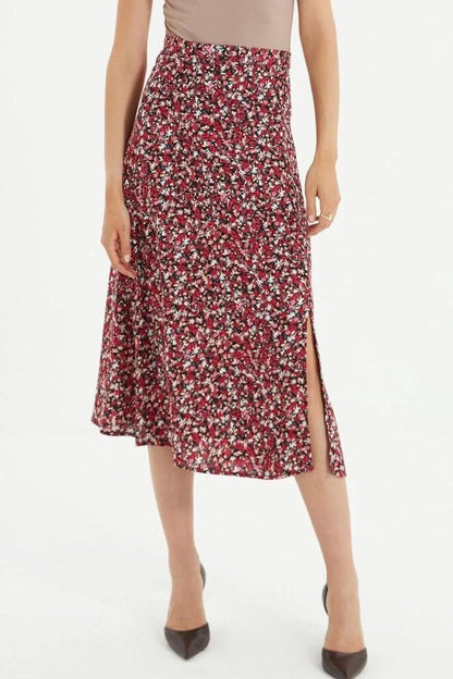 Fashion A-line Floral Pattern Casual Midi Length Slit Detail Viscose Fabric Midi Woven Skirt