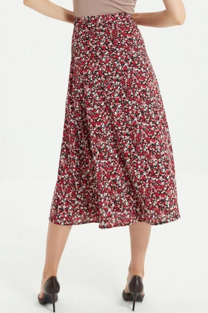 Fashion A-line Floral Pattern Casual Midi Length Slit Detail Viscose Fabric Midi Woven Skirt