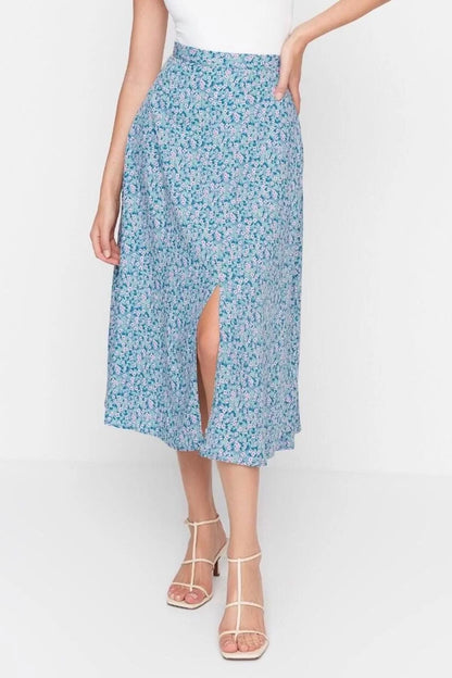 Fashion A-line Floral Pattern Casual Midi Length Slit Detail Viscose Fabric Midi Woven Skirt