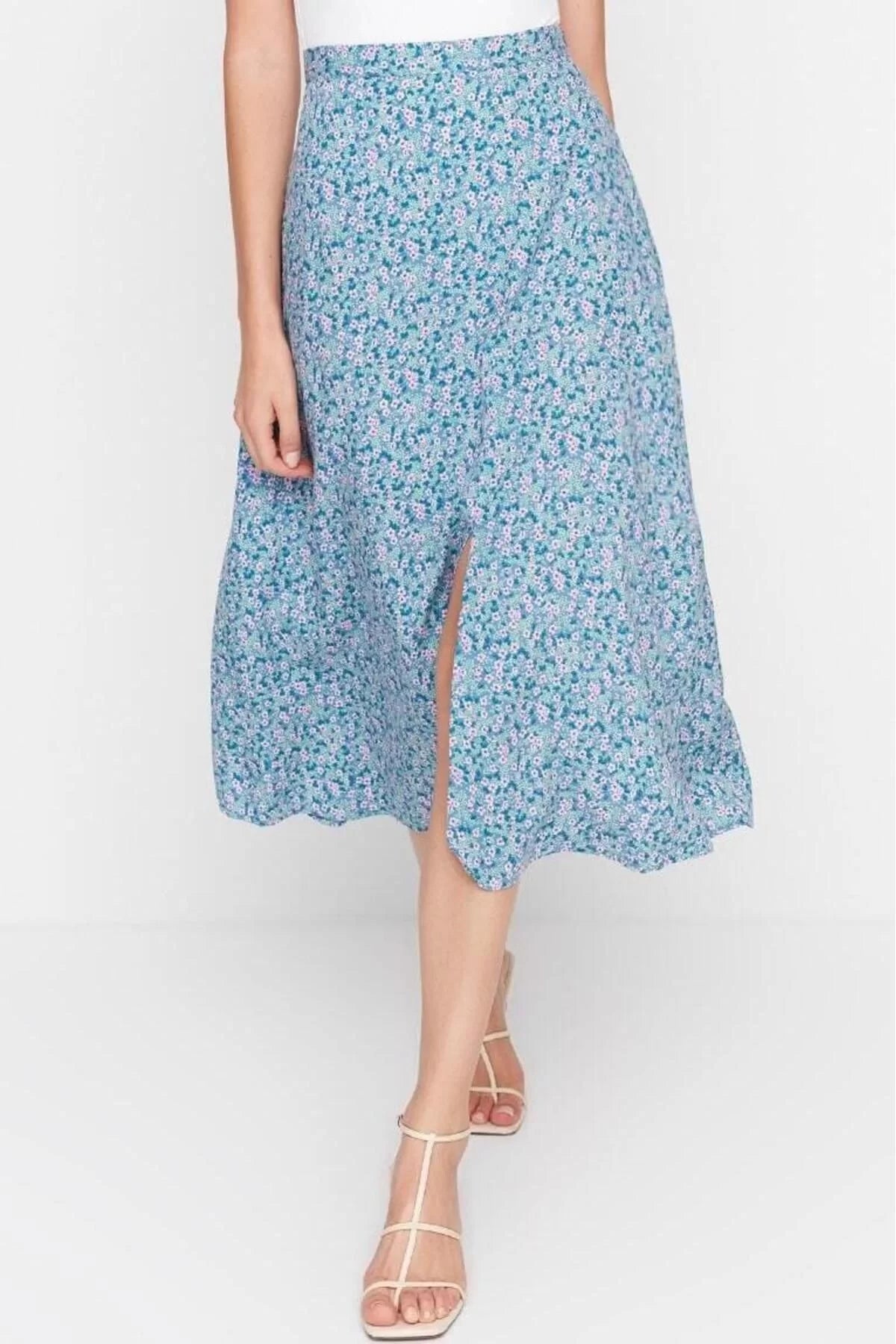 Fashion A-line Floral Pattern Casual Midi Length Slit Detail Viscose Fabric Midi Woven Skirt