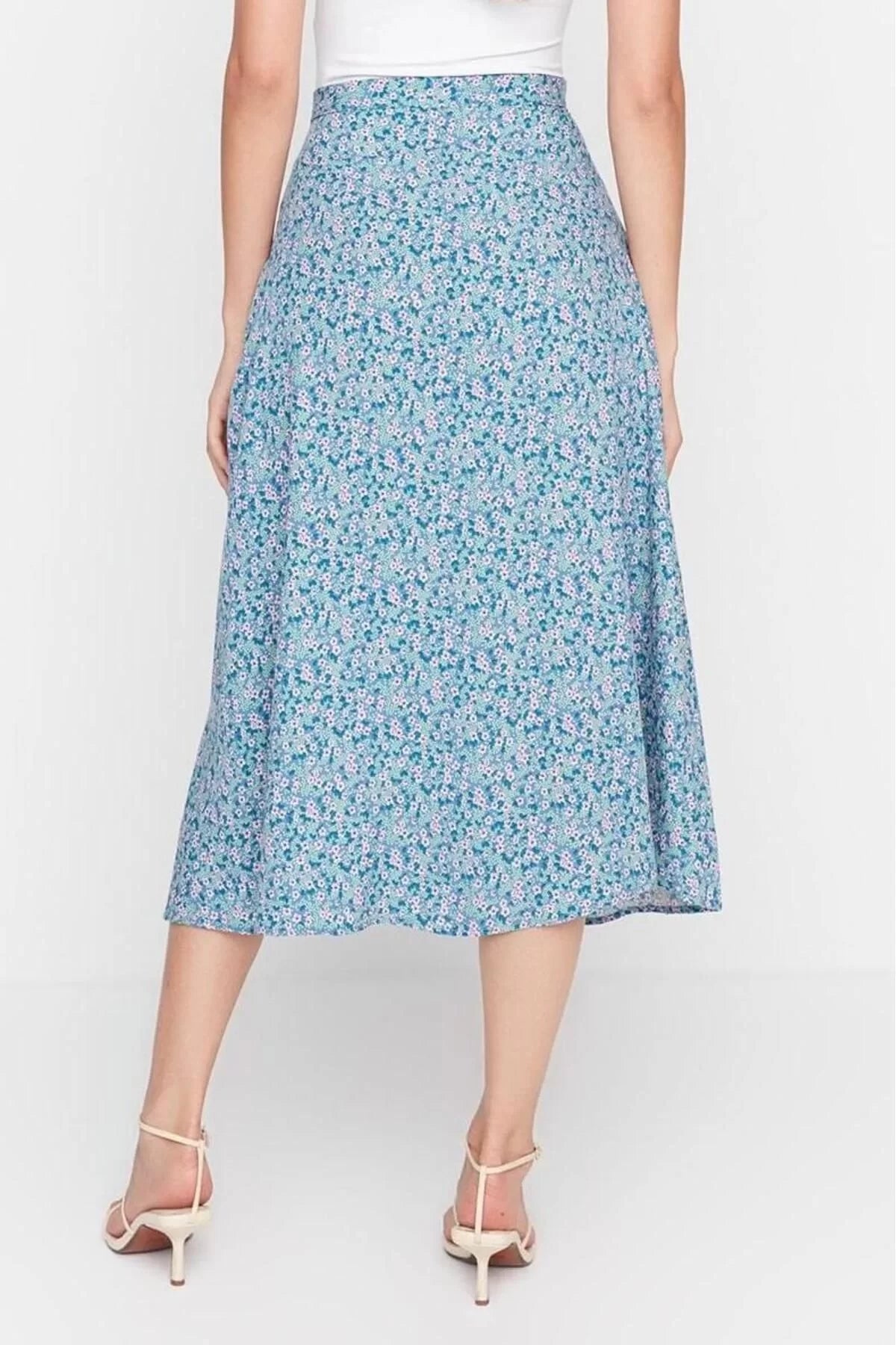 Fashion A-line Floral Pattern Casual Midi Length Slit Detail Viscose Fabric Midi Woven Skirt