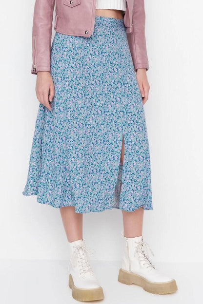 Fashion A-line Floral Pattern Casual Midi Length Slit Detail Viscose Fabric Midi Woven Skirt