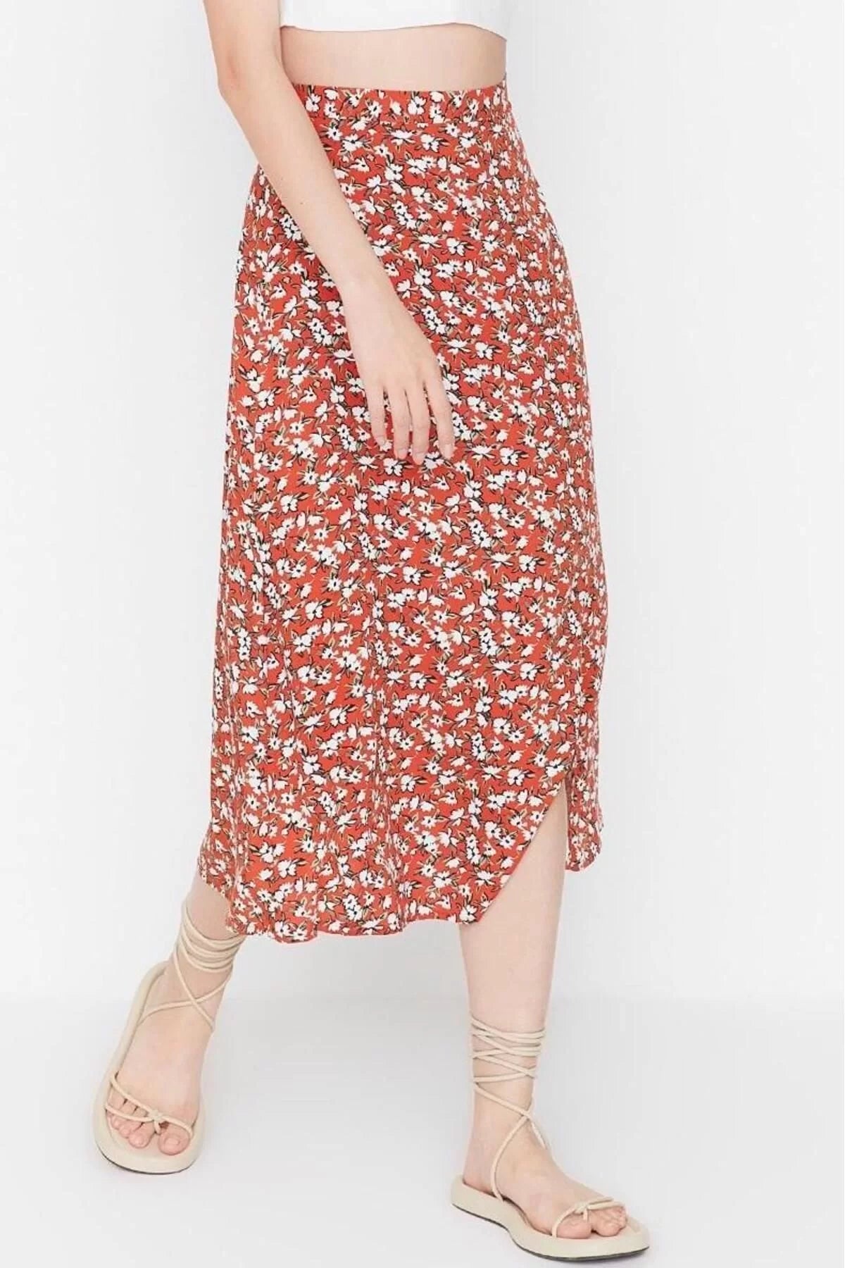 Fashion A-line Floral Pattern Casual Midi Length Slit Detail Viscose Fabric Midi Woven Skirt