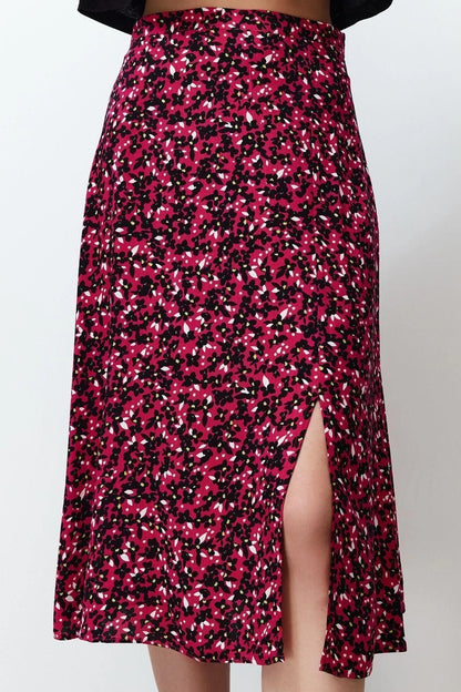 Fashion A-line Floral Pattern Casual Midi Length Slit Detail Viscose Fabric Midi Woven Skirt