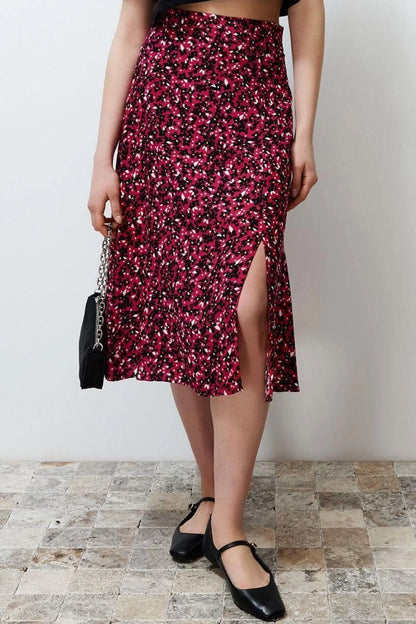 Fashion A-line Floral Pattern Casual Midi Length Slit Detail Viscose Fabric Midi Woven Skirt