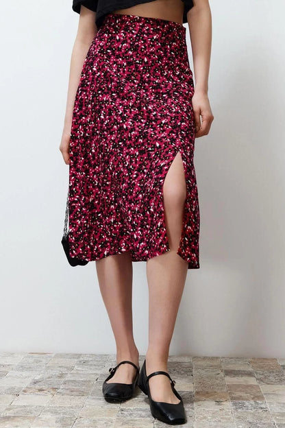 Fashion A-line Floral Pattern Casual Midi Length Slit Detail Viscose Fabric Midi Woven Skirt