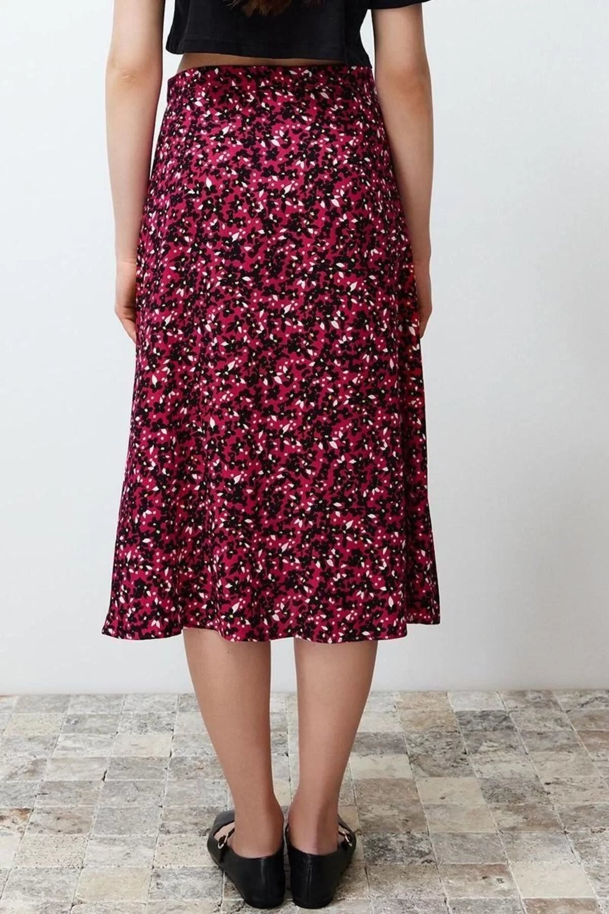 Fashion A-line Floral Pattern Casual Midi Length Slit Detail Viscose Fabric Midi Woven Skirt