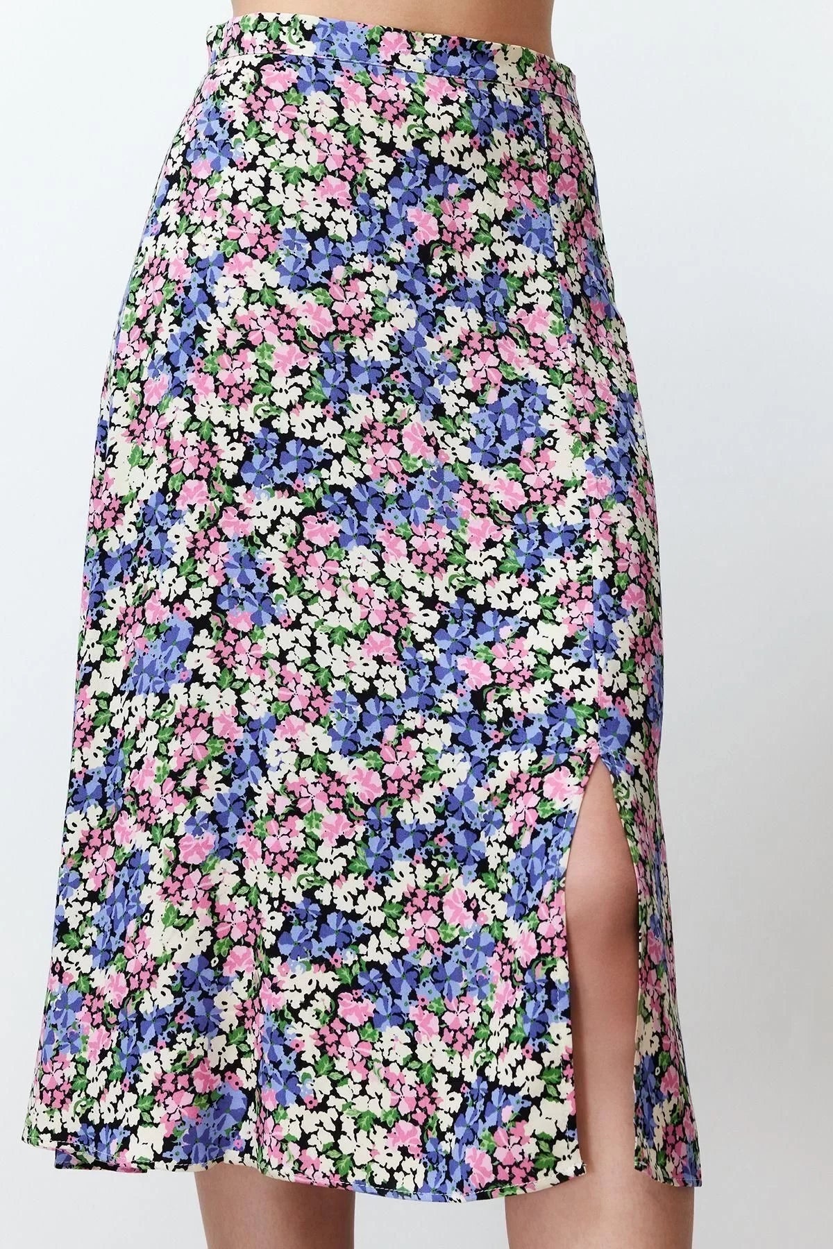 Fashion A-line Floral Pattern Casual Midi Length Slit Detail Viscose Fabric Midi Woven Skirt