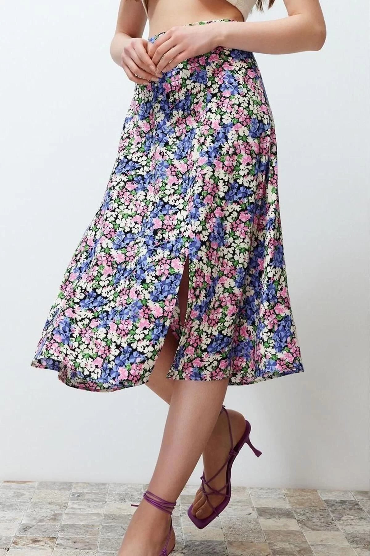 Fashion A-line Floral Pattern Casual Midi Length Slit Detail Viscose Fabric Midi Woven Skirt