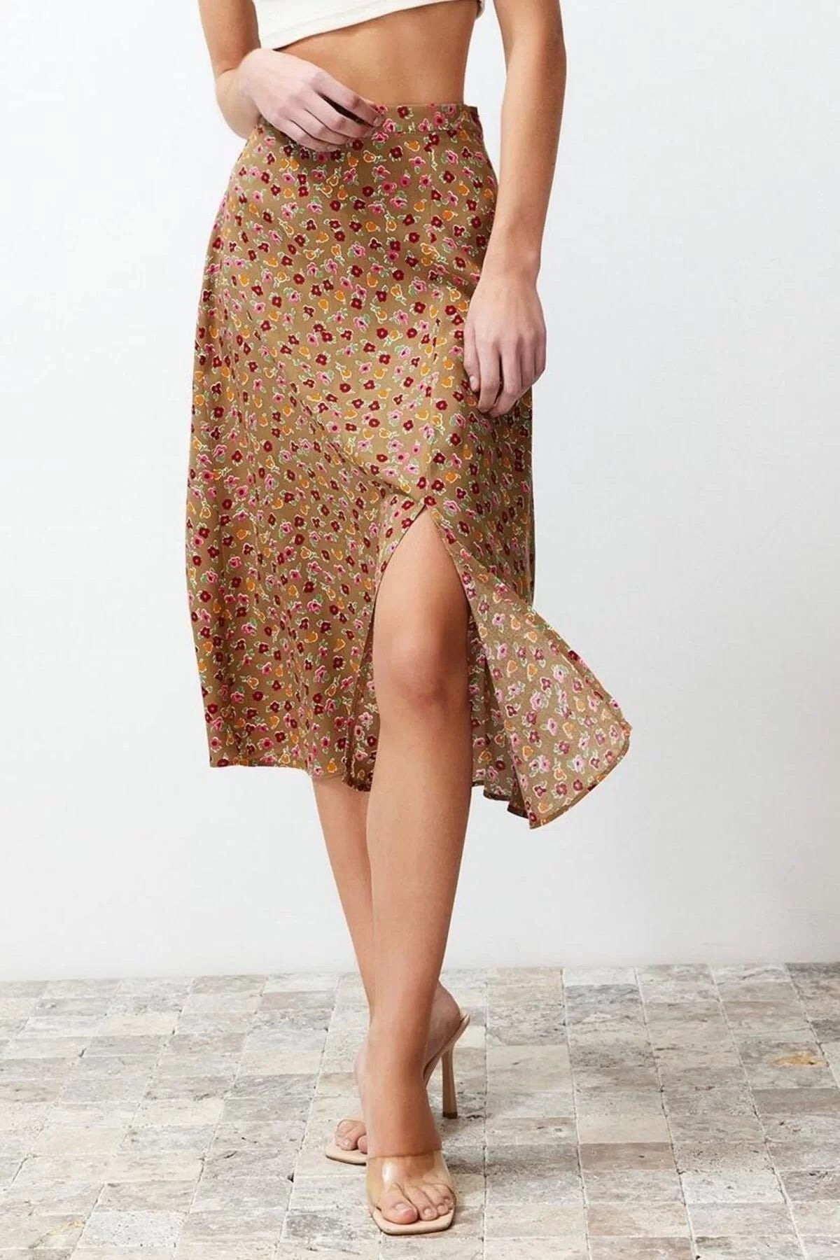 Fashion A-line Floral Pattern Casual Midi Length Slit Detail Viscose Fabric Midi Woven Skirt