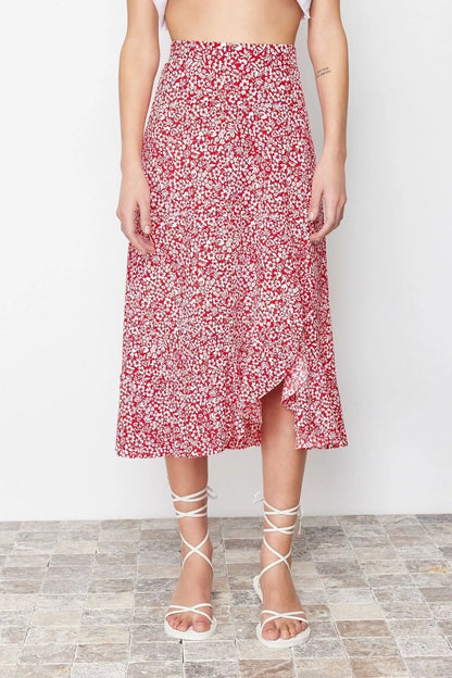 Style Regular Polka Dot Daily Midi Length Printed High Waist Elastic Knitted Skirt with Gathered Detail and Flounce