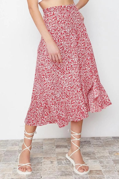 Style Regular Polka Dot Daily Midi Length Printed High Waist Elastic Knitted Skirt with Gathered Detail and Flounce